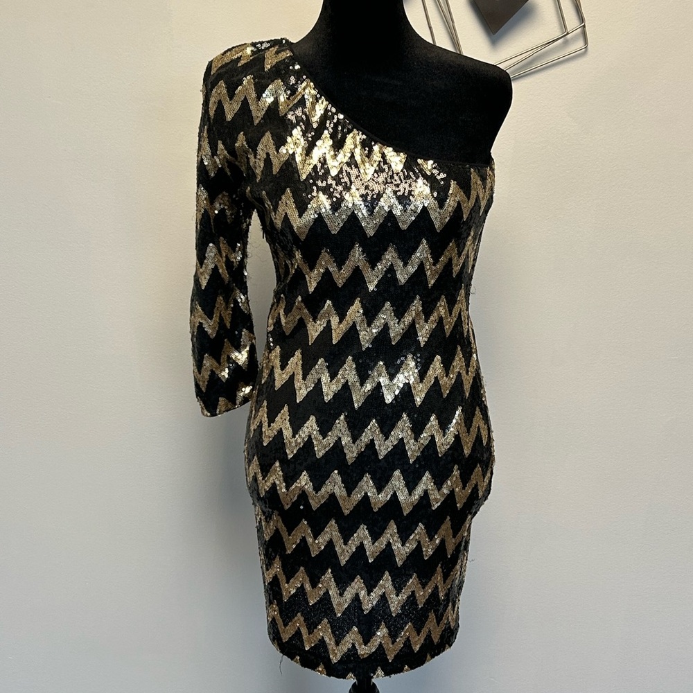 Black and gold long sleeve off cocktail dress